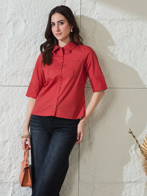 Latin Quarters Women's Red Solid Half Sleeves Collared Casual Shirt