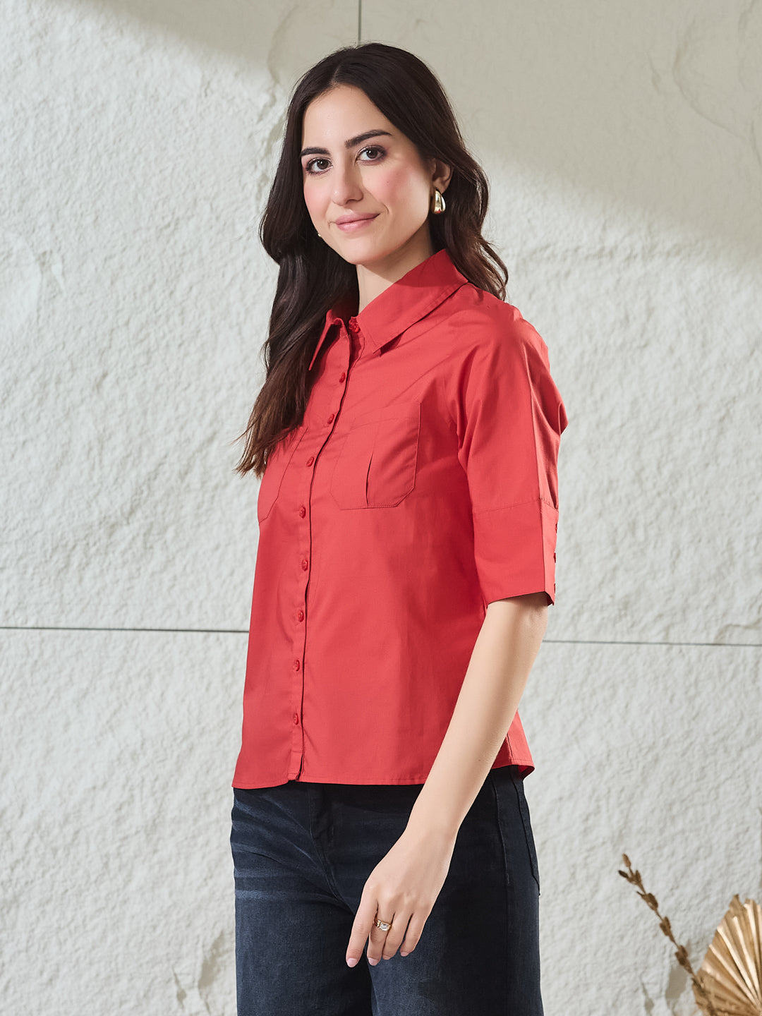 Latin Quarters Women's Red Solid Half Sleeves Collared Casual Shirt