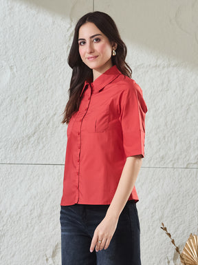 Latin Quarters Women's Red Solid Half Sleeves Collared Casual Shirt
