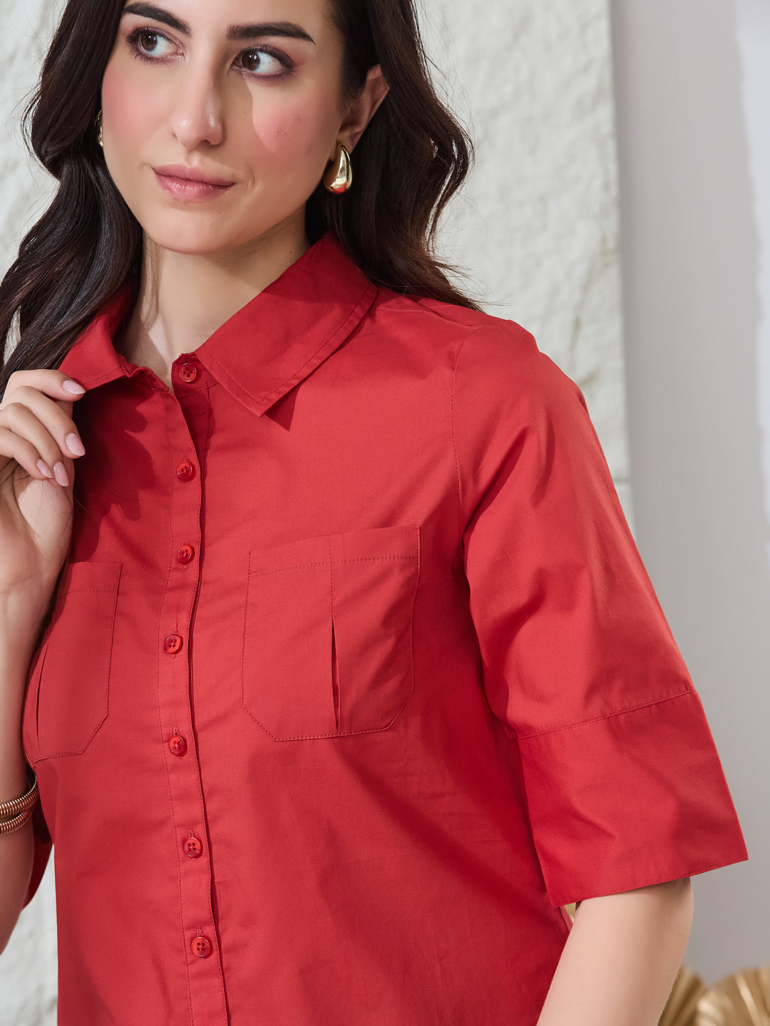 Latin Quarters Women's Red Solid Half Sleeves Collared Casual Shirt
