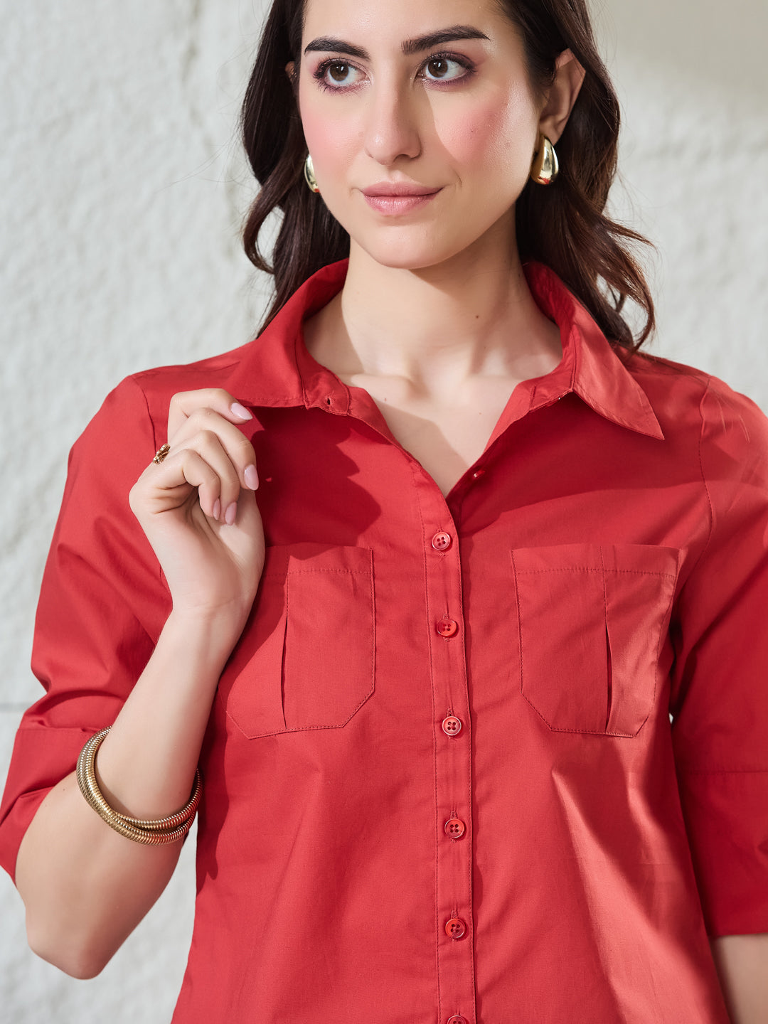 Latin Quarters Women's Red Solid Half Sleeves Collared Casual Shirt