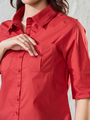 Latin Quarters Women's Red Solid Half Sleeves Collared Casual Shirt
