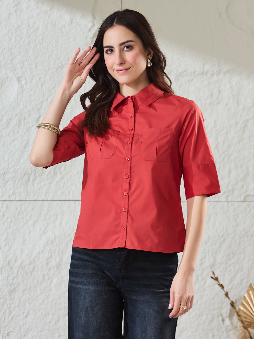 Latin Quarters Women's Red Solid Half Sleeves Collared Casual Shirt