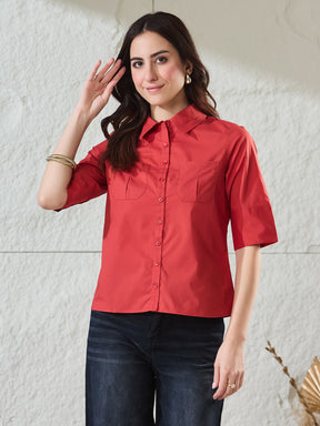 Latin Quarters Women's Red Solid Half Sleeves Collared Casual Shirt
