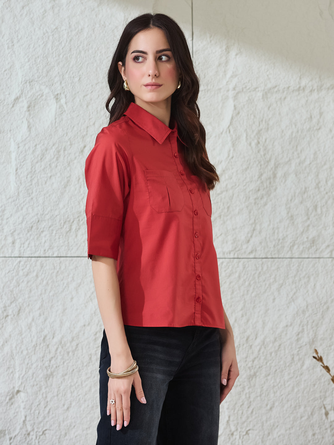 Latin Quarters Women's Red Solid Half Sleeves Collared Casual Shirt