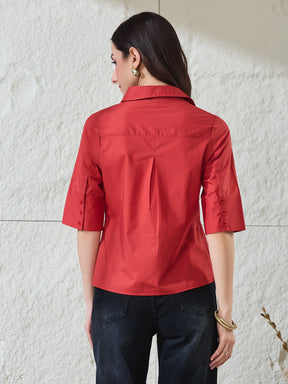 Latin Quarters Women's Red Solid Half Sleeves Collared Casual Shirt