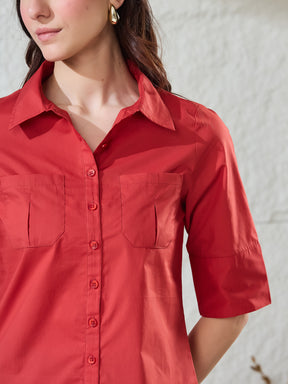 Latin Quarters Women's Red Solid Half Sleeves Collared Casual Shirt