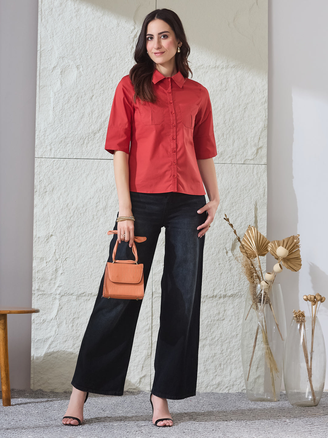 Latin Quarters Women's Red Solid Half Sleeves Collared Casual Shirt