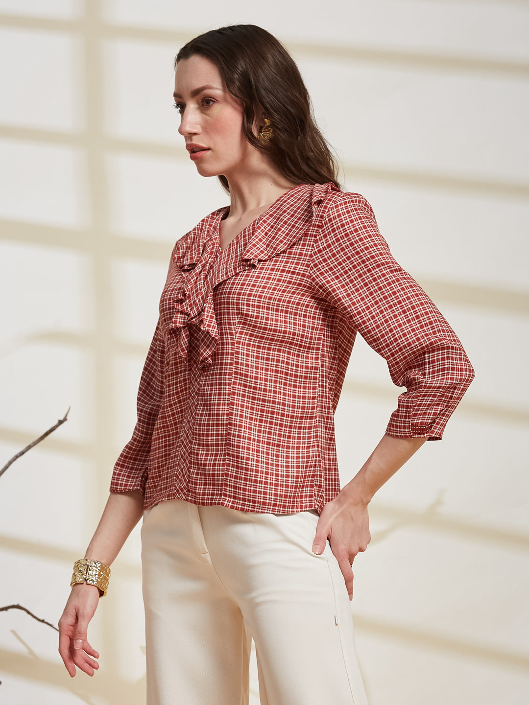Latin Quarters Women's Red Checkered V-Neck 3/4Th Sleeve Casual Top