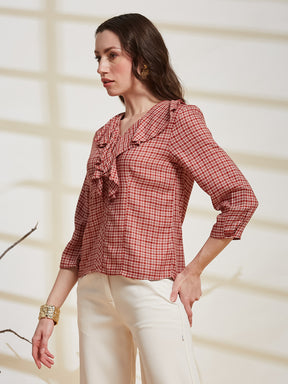 Latin Quarters Women's Red Checkered V-Neck 3/4Th Sleeve Casual Top