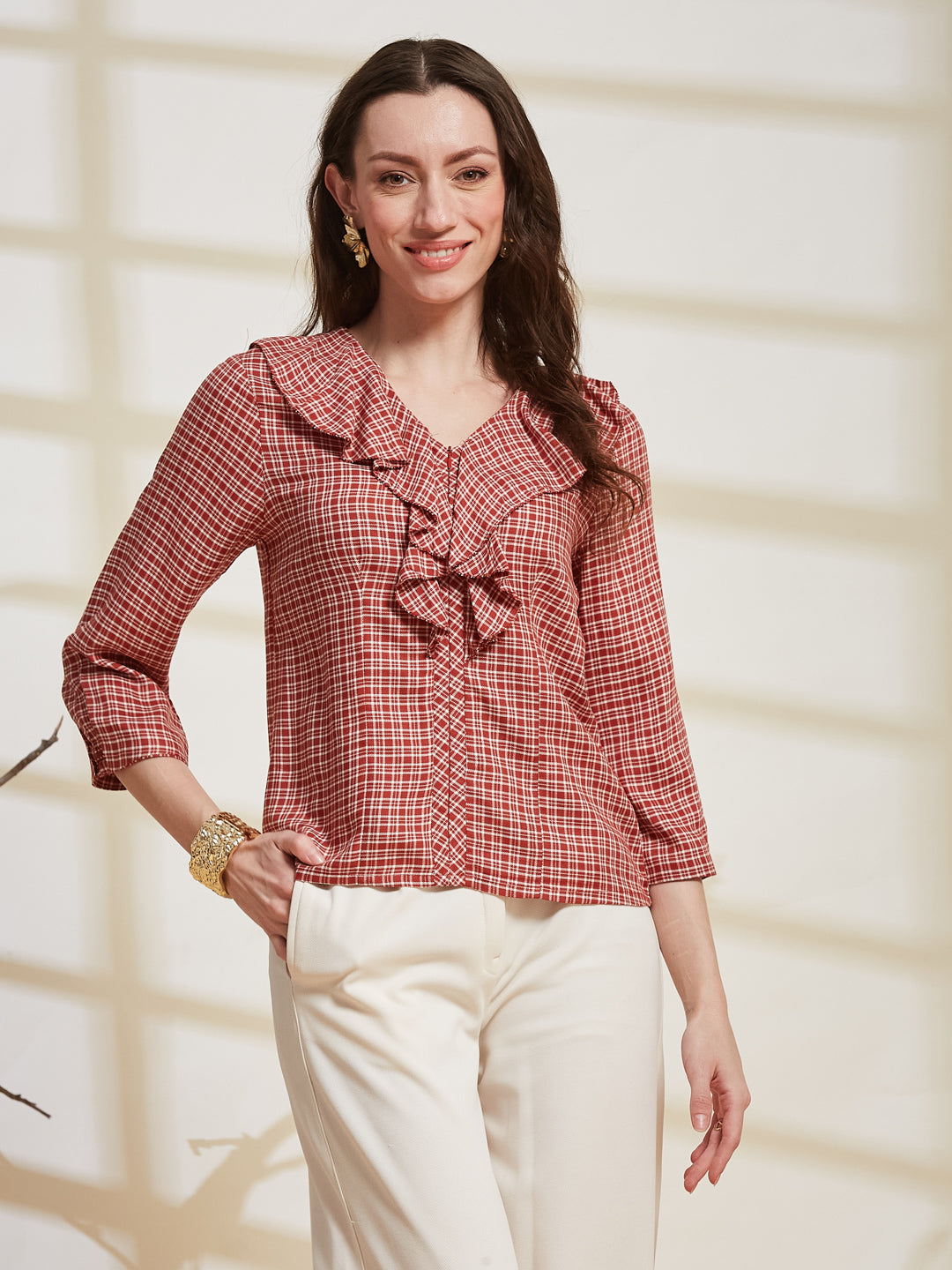 Latin Quarters Women's Red Checkered V-Neck 3/4Th Sleeve Casual Top