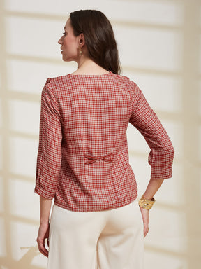 Latin Quarters Women's Red Checkered V-Neck 3/4Th Sleeve Casual Top
