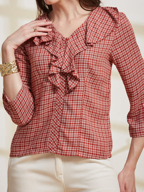 Latin Quarters Women's Red Checkered V-Neck 3/4Th Sleeve Casual Top