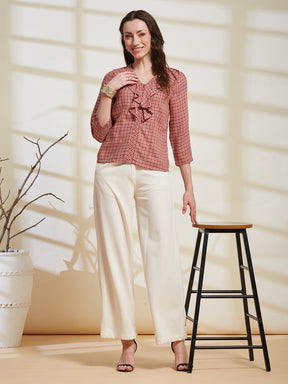 Latin Quarters Women's Red Checkered V-Neck 3/4Th Sleeve Casual Top