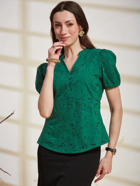 Latin Quarters Women's Green Embroidered V-Neck Half Sleeve Casual Top