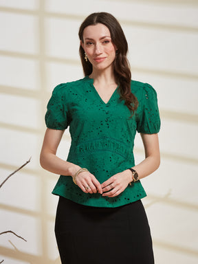 Latin Quarters Women's Green Embroidered V-Neck Half Sleeve Casual Top