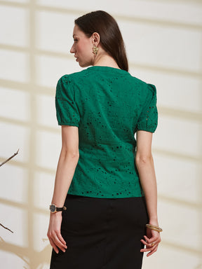 Latin Quarters Women's Green Embroidered V-Neck Half Sleeve Casual Top