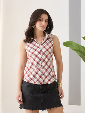 Latin Quarters Women Red Checks Sleeveless Casual Shirt