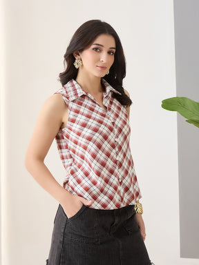 Latin Quarters Women Red Checks Sleeveless Casual Shirt