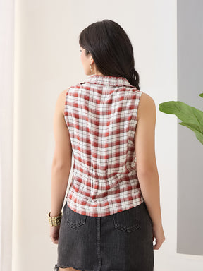 Latin Quarters Women Red Checks Sleeveless Casual Shirt