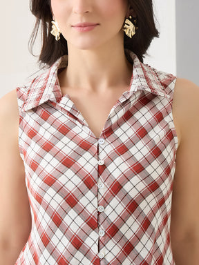 Latin Quarters Women Red Checks Sleeveless Casual Shirt