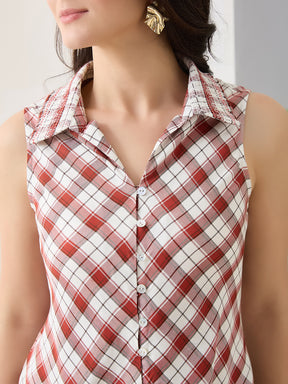 Latin Quarters Women Red Checks Sleeveless Casual Shirt