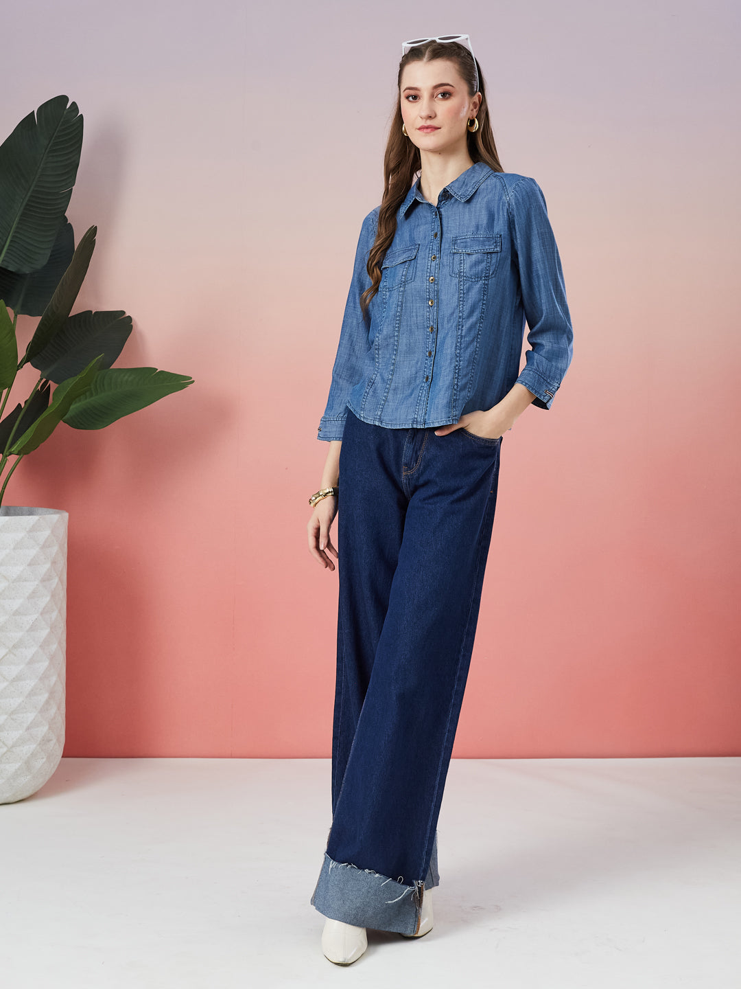 Latin Quarters Women's Blue Solid Collar Neck 3/4th Sleeve Casual Shirt