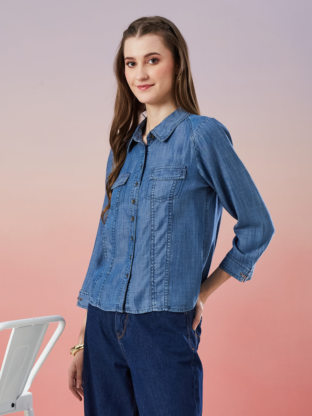 Latin Quarters Women's Blue Solid Collar Neck 3/4th Sleeve Casual Shirt