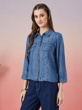 Latin Quarters Women's Blue Solid Collar Neck 3/4th Sleeve Casual Shirt