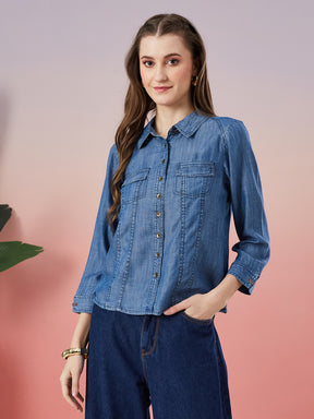 Latin Quarters Women's Blue Solid Collar Neck 3/4th Sleeve Casual Shirt