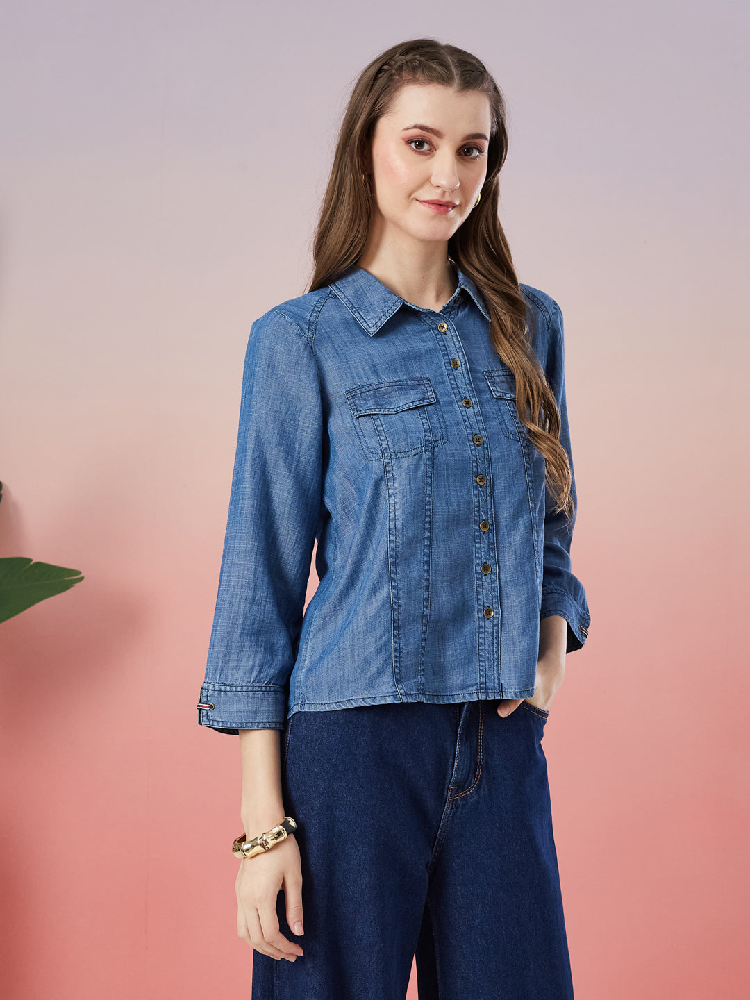 Latin Quarters Women's Blue Solid Collar Neck 3/4th Sleeve Casual Shirt