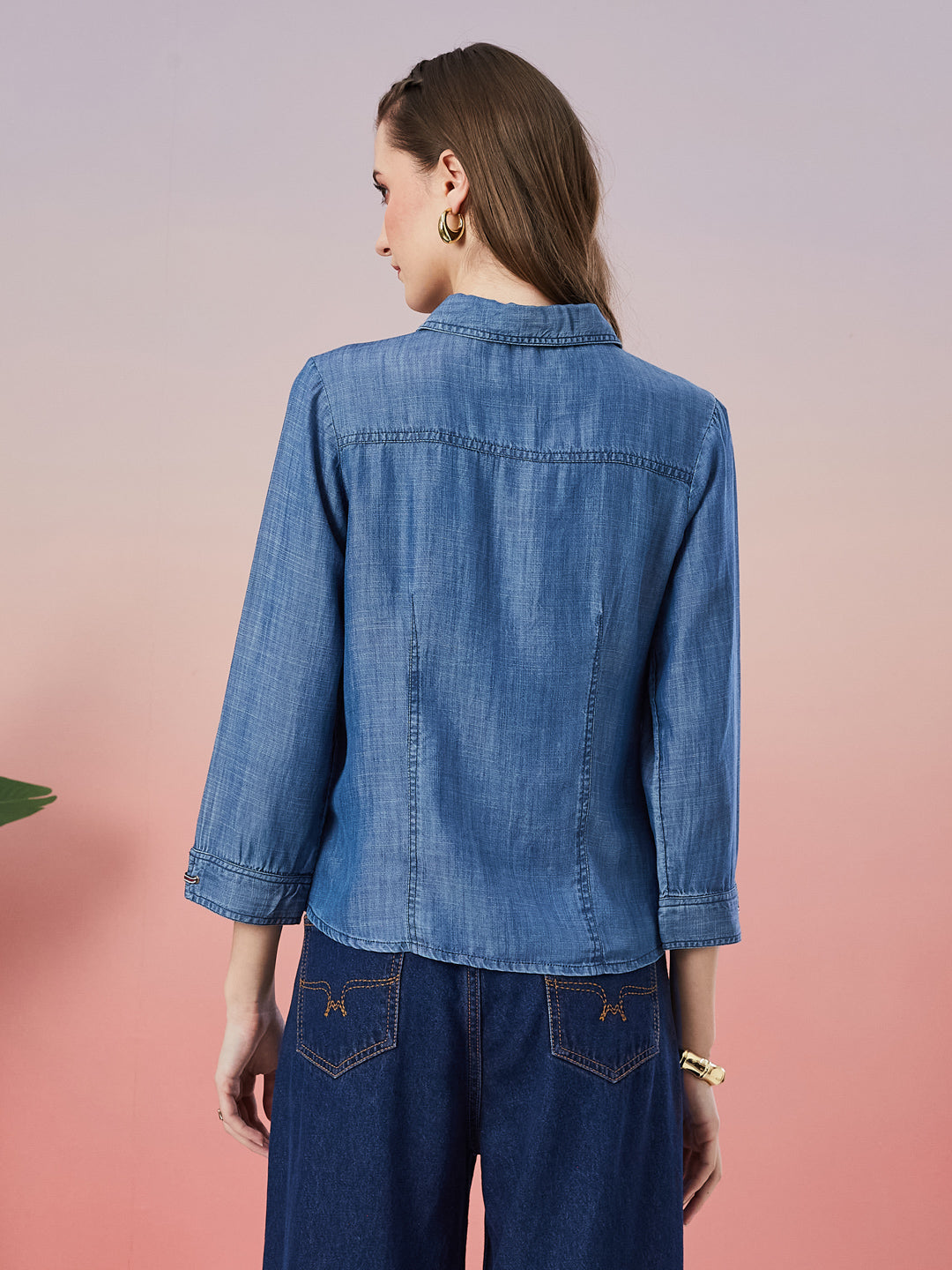 Latin Quarters Women's Blue Solid Collar Neck 3/4th Sleeve Casual Shirt