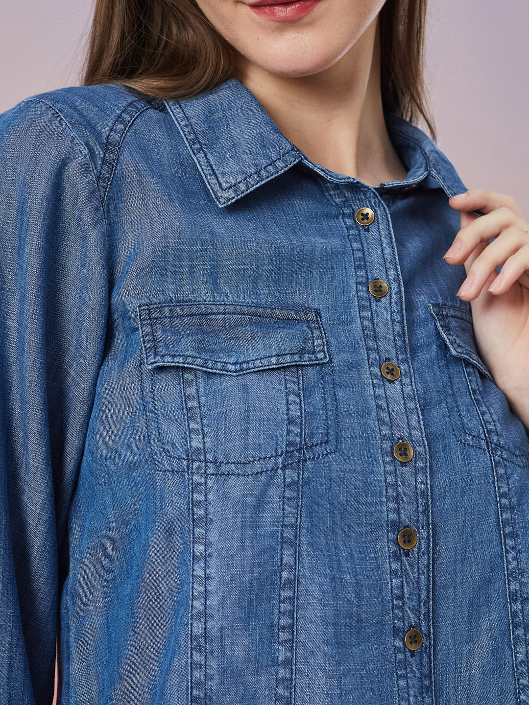 Latin Quarters Women's Blue Solid Collar Neck 3/4th Sleeve Casual Shirt