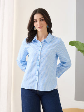 Latin Quarters Women Blue Stripes Full Sleeves Casual Shirt