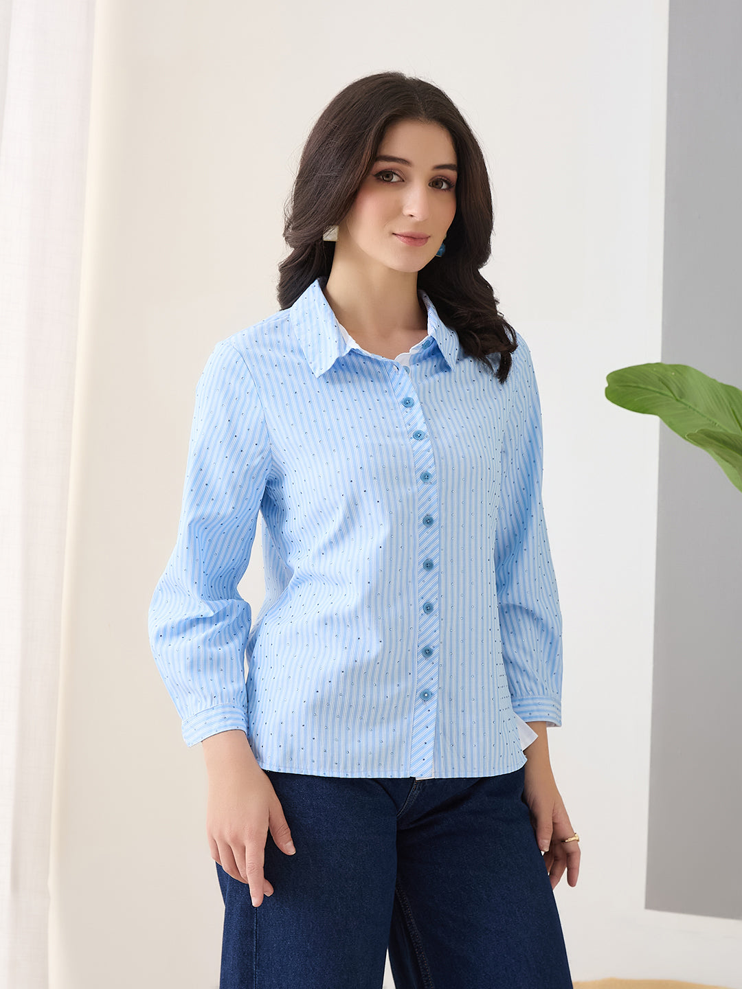 Latin Quarters Women Blue Stripes Full Sleeves Casual Shirt