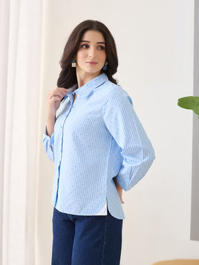 Latin Quarters Women Blue Stripes Full Sleeves Casual Shirt