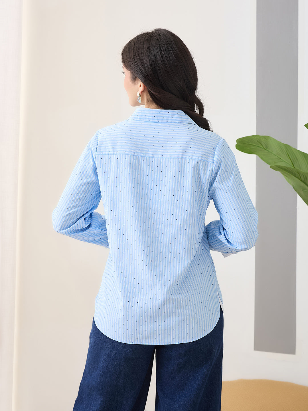Latin Quarters Women Blue Stripes Full Sleeves Casual Shirt