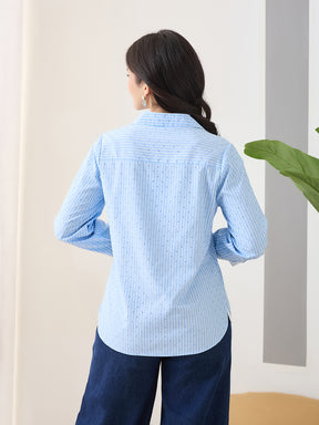 Latin Quarters Women Blue Stripes Full Sleeves Casual Shirt