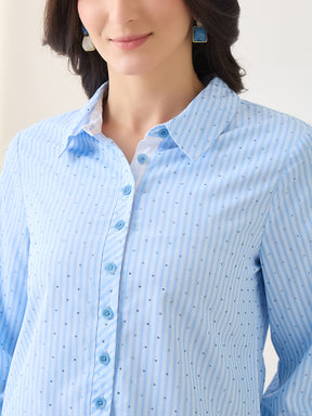 Latin Quarters Women Blue Stripes Full Sleeves Casual Shirt