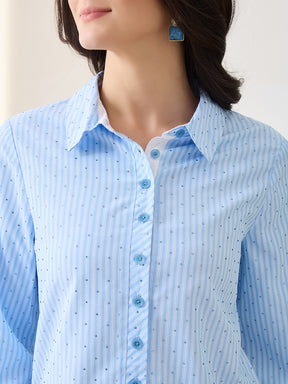 Latin Quarters Women Blue Stripes Full Sleeves Casual Shirt