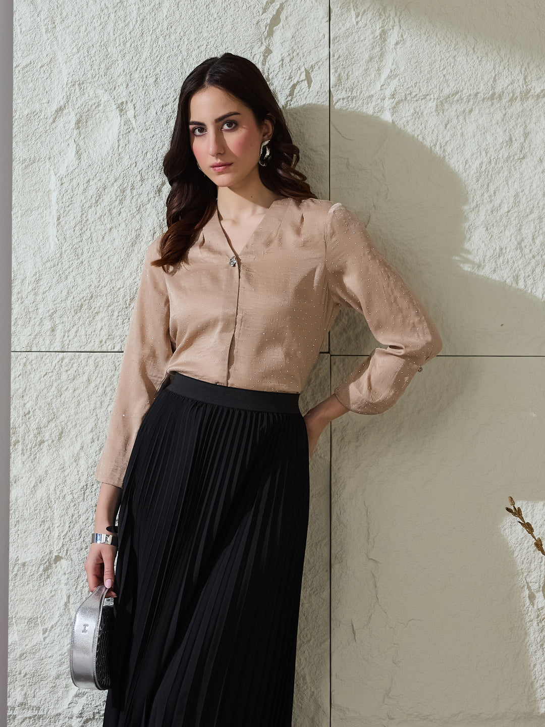 Latin Quarters Women's Beige Self Design 3/4Th Sleeves V-Neck Casual Top