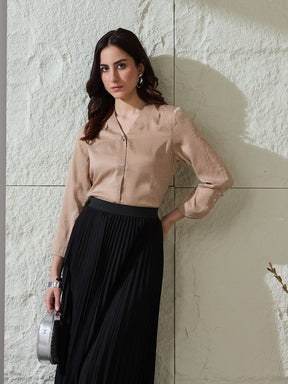 Latin Quarters Women's Beige Self Design 3/4Th Sleeves V-Neck Casual Top