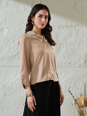 Latin Quarters Women's Beige Self Design 3/4Th Sleeves V-Neck Casual Top