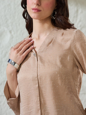 Latin Quarters Women's Beige Self Design 3/4Th Sleeves V-Neck Casual Top