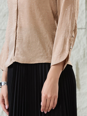 Latin Quarters Women's Beige Self Design 3/4Th Sleeves V-Neck Casual Top