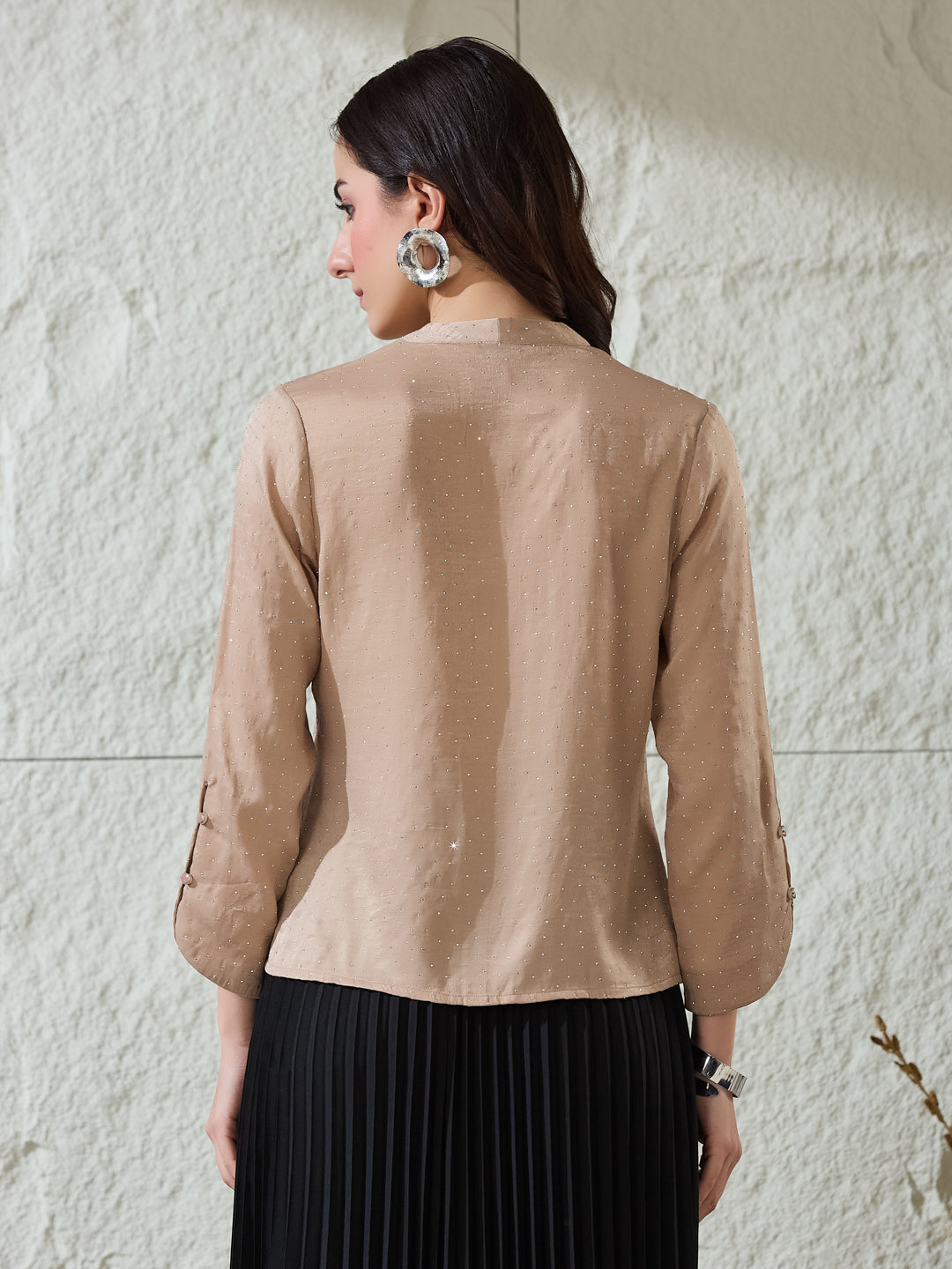 Latin Quarters Women's Beige Self Design 3/4Th Sleeves V-Neck Casual Top