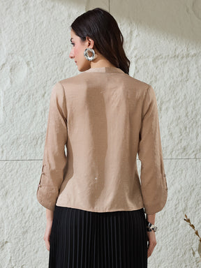 Latin Quarters Women's Beige Self Design 3/4Th Sleeves V-Neck Casual Top