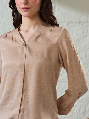 Latin Quarters Women's Beige Self Design 3/4Th Sleeves V-Neck Casual Top