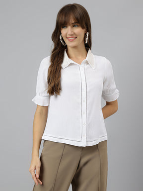 Latin Quarters Women's White Solid Collared Half Sleeve Casual Shirt
