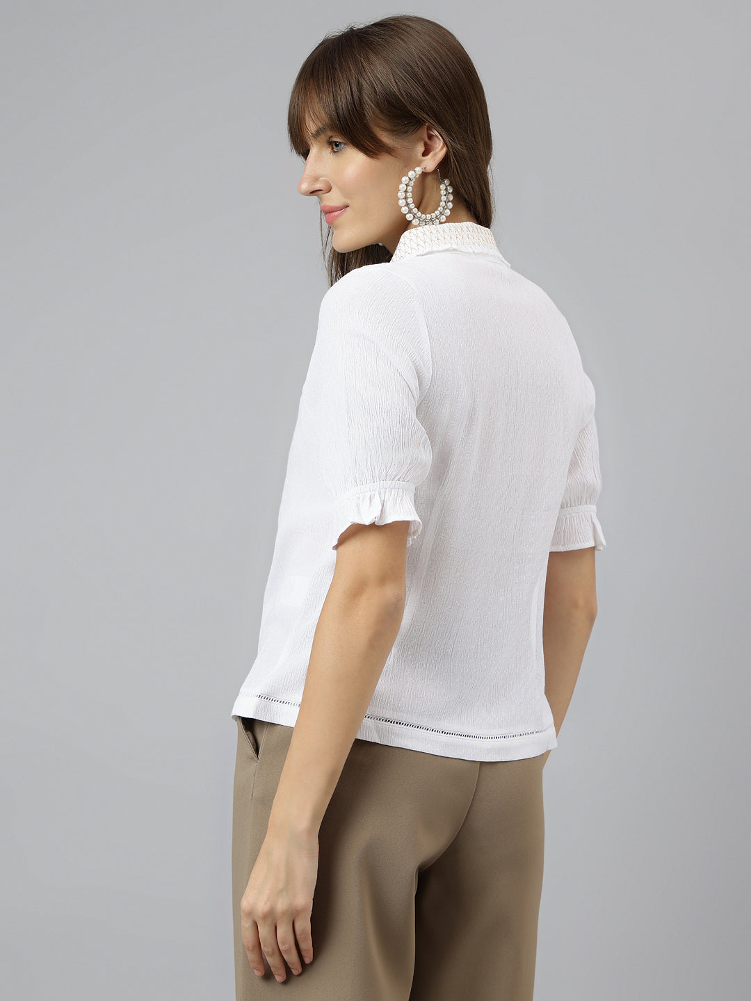 Latin Quarters Women's White Solid Collared Half Sleeve Casual Shirt